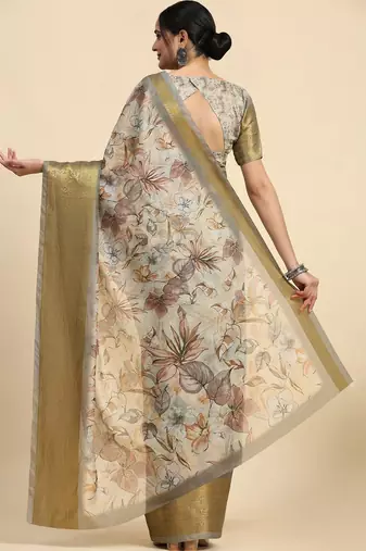 Cream printed linen casual saree with blouse piece