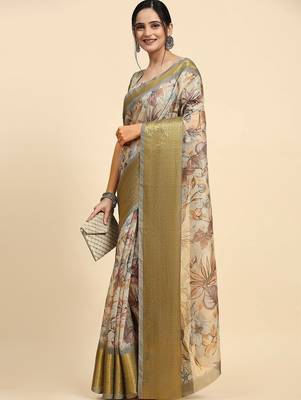Cream printed linen casual saree with blouse piece 3