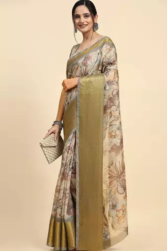 Cream printed linen casual saree with blouse piece