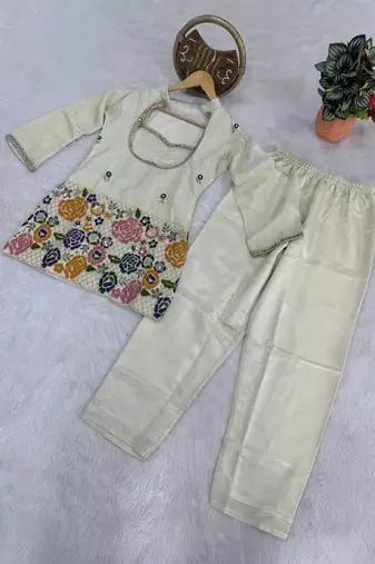 Cream chinnon silk kurta palazzo set with beads embroidery