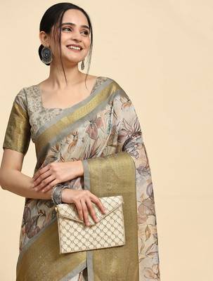 Cream printed linen casual saree with blouse piece 4