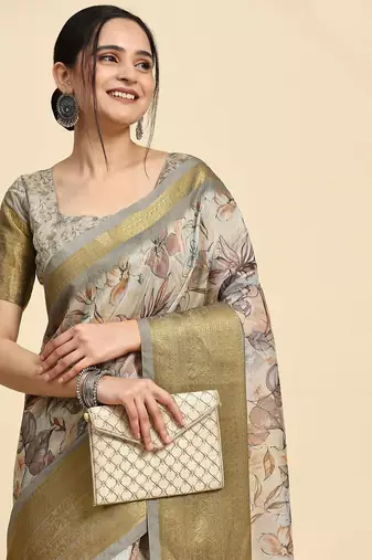 Cream printed linen casual saree with blouse piece