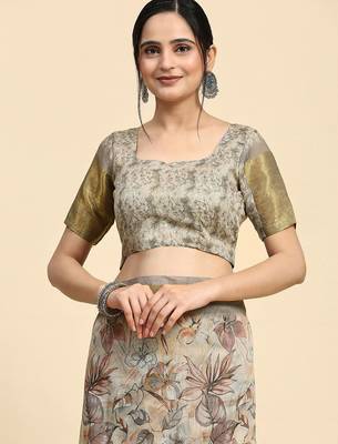 Cream printed linen casual saree with blouse piece 5