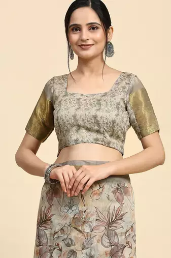 Cream printed linen casual saree with blouse piece