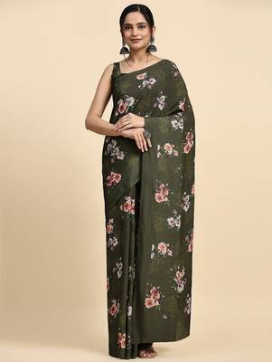 Green printed satin fashion saree with blouse piece 1