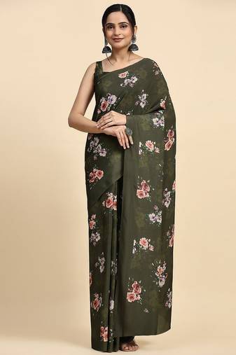 Green printed satin fashion saree with blouse piece