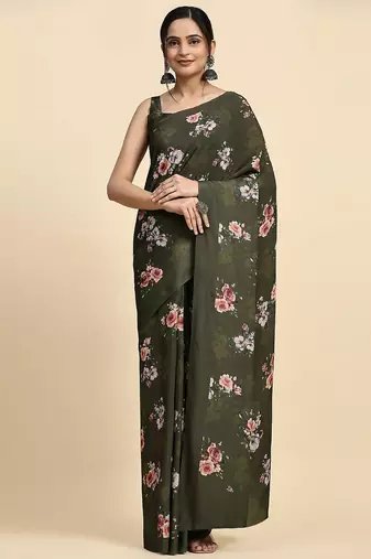 Green printed satin fashion saree with blouse piece