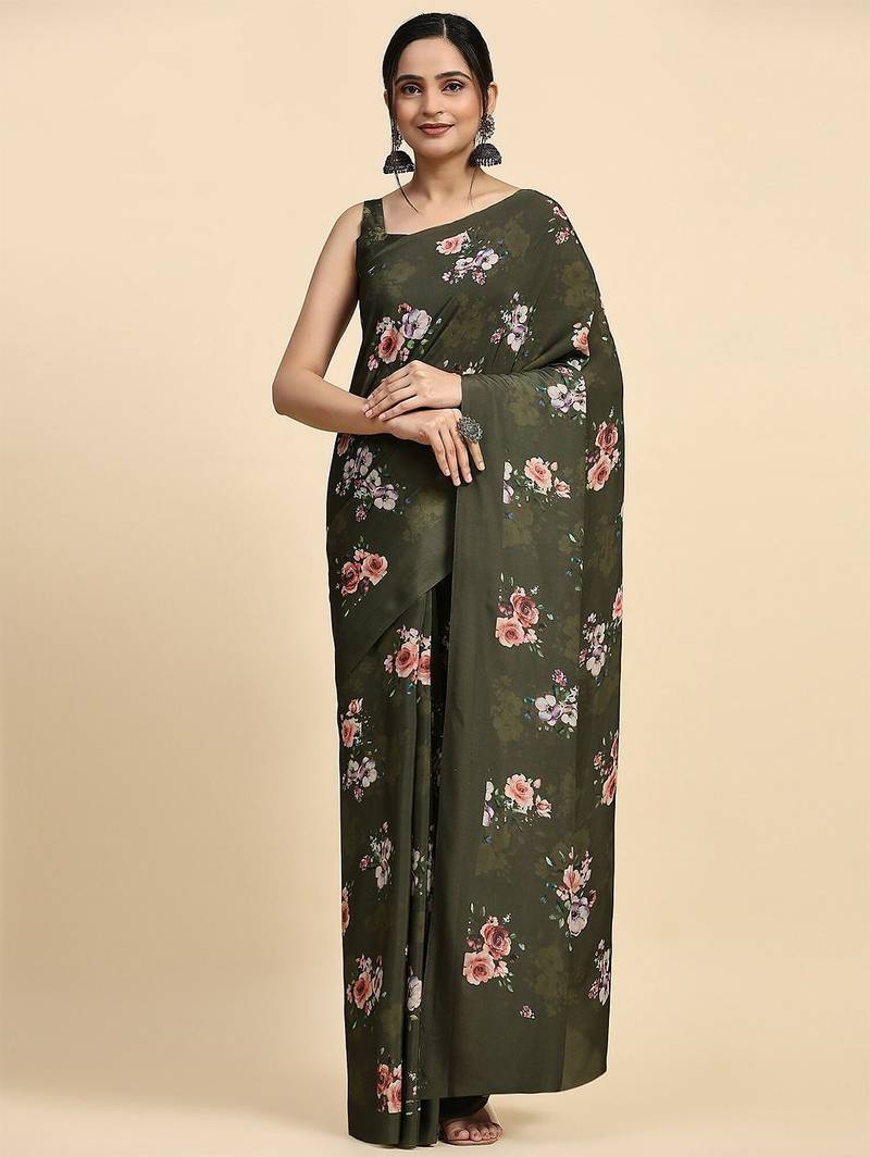 Green printed satin fashion saree with blouse piece