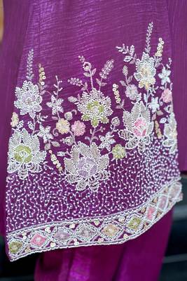 Purple chinnon silk kurti palazzo & koti set with beads work 4