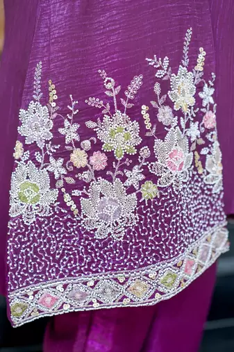 Purple chinnon silk kurti palazzo & koti set with beads work