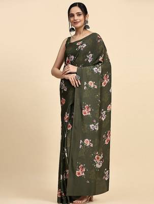 Green printed satin fashion saree with blouse piece 2