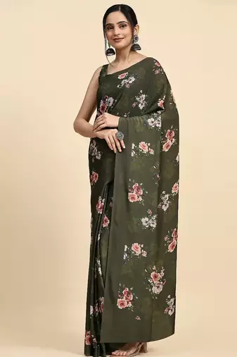 Green printed satin fashion saree with blouse piece
