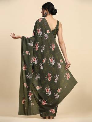 Green printed satin fashion saree with blouse piece 3