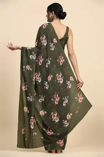 Green printed satin fashion saree with blouse piece