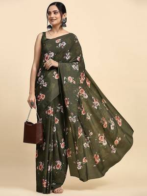 Green printed satin fashion saree with blouse piece 4