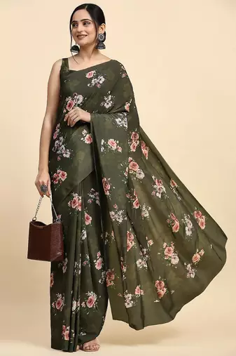 Green printed satin fashion saree with blouse piece