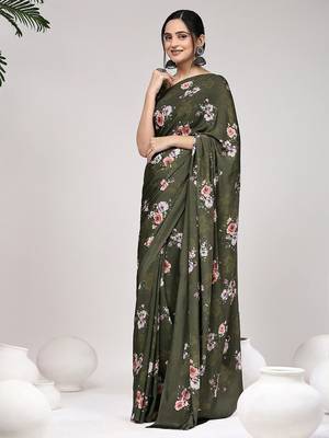 Green printed satin fashion saree with blouse piece 5