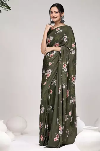 Green printed satin fashion saree with blouse piece