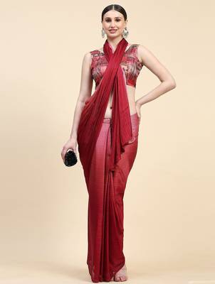 Red plain chiffon designer saree with blouse piece 1