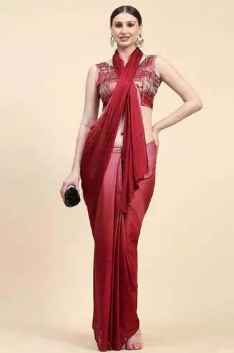 Red plain chiffon designer saree with blouse piece