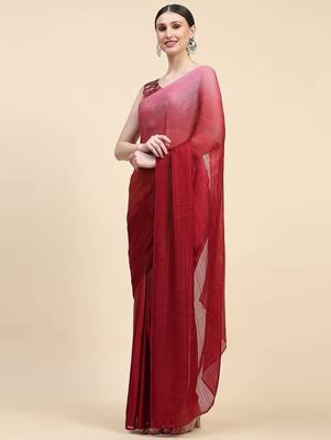 Red plain chiffon designer saree with blouse piece 2