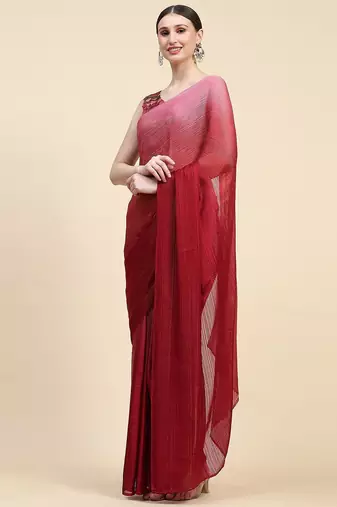 Red plain chiffon designer saree with blouse piece