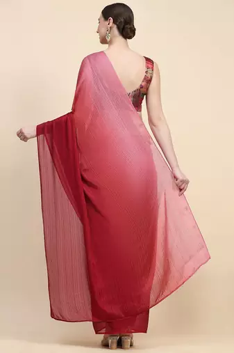 Red plain chiffon designer saree with blouse piece