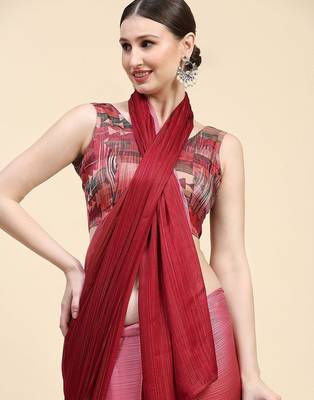 Red plain chiffon designer saree with blouse piece 5
