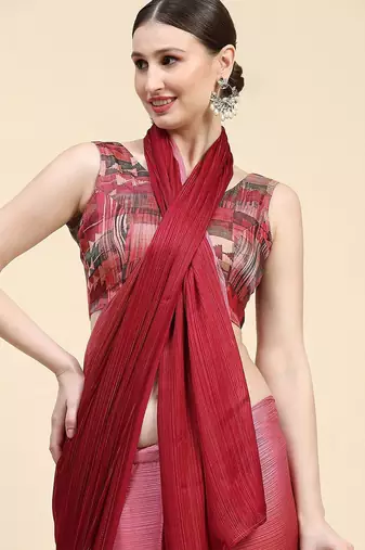 Red plain chiffon designer saree with blouse piece