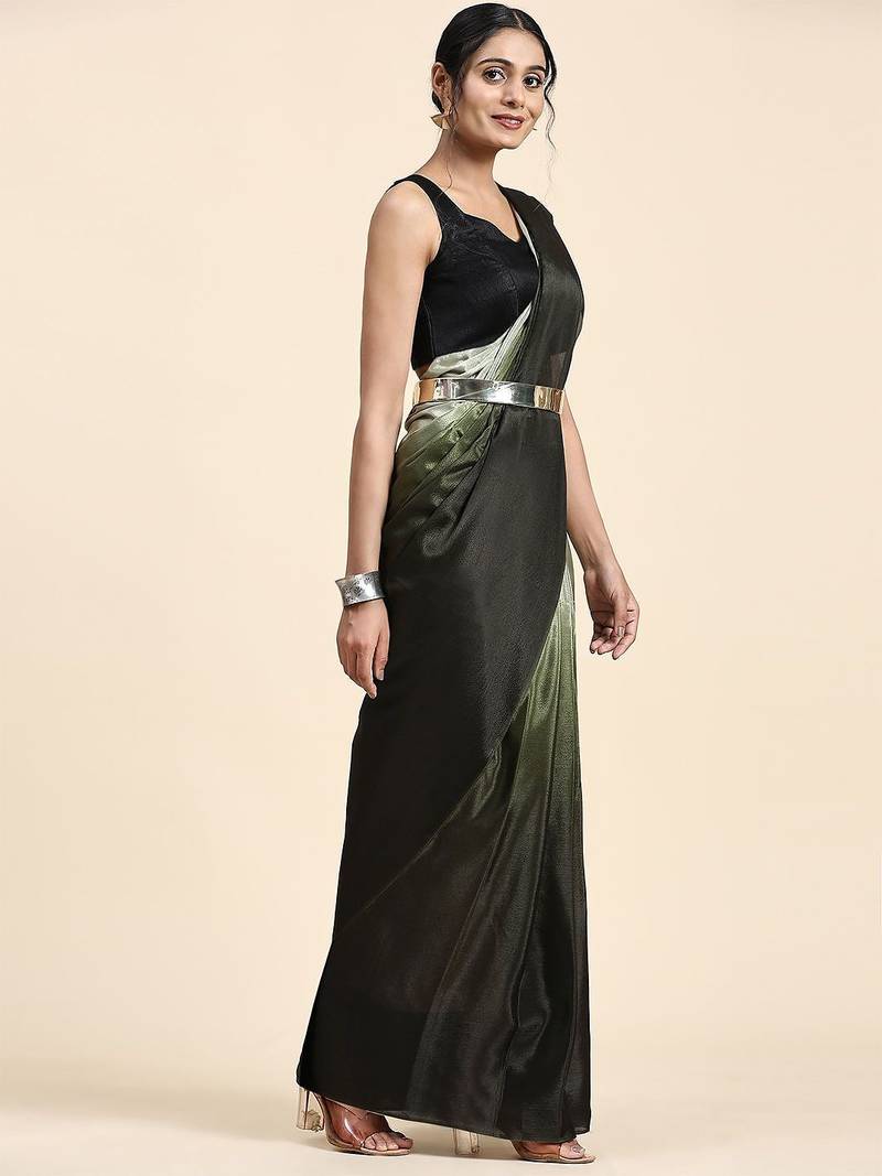 Green plain chiffon designer saree with blouse piece