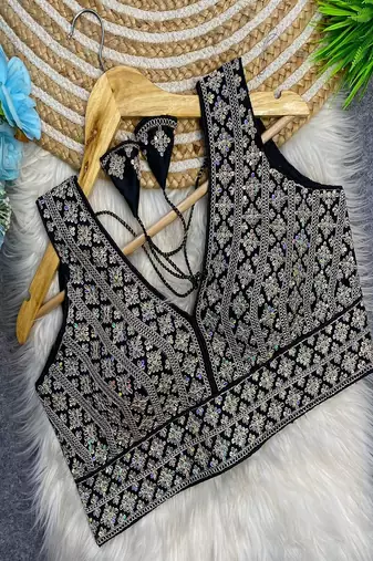Black heavy embroidered silk bridal blouse for women | designer wedding party wear readymade saree blouse