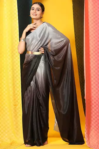 Grey plain chiffon designer saree with blouse piece