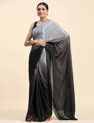 Grey plain chiffon designer saree with blouse piece 2