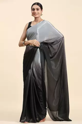 Grey plain chiffon designer saree with blouse piece