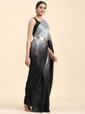 Grey plain chiffon designer saree with blouse piece 3