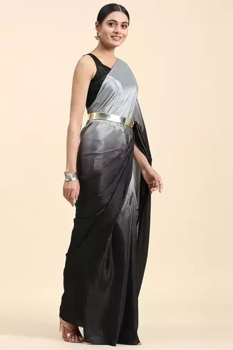 Grey plain chiffon designer saree with blouse piece