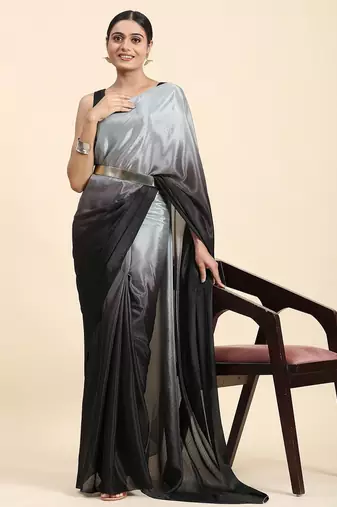 Grey plain chiffon designer saree with blouse piece