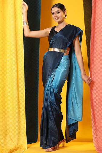 Blue plain chiffon designer saree with blouse piece