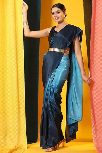 Blue plain chiffon designer saree with blouse piece
