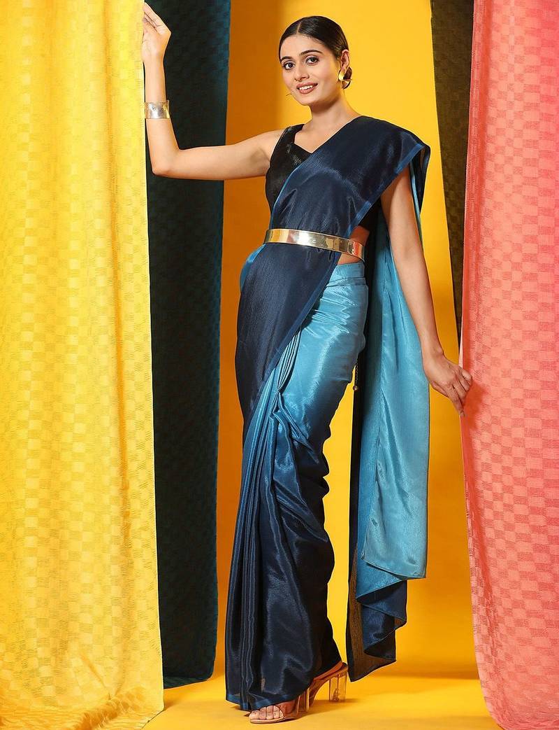 Blue plain chiffon designer saree with blouse piece