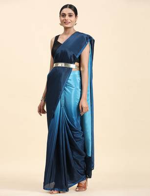Blue plain chiffon designer saree with blouse piece 2