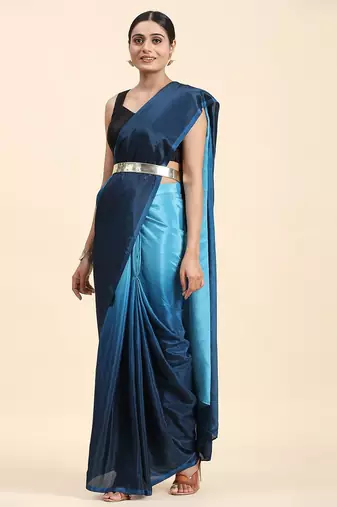 Blue plain chiffon designer saree with blouse piece