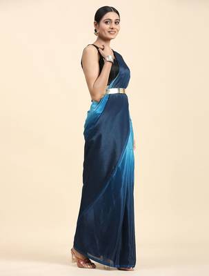 Blue plain chiffon designer saree with blouse piece 3