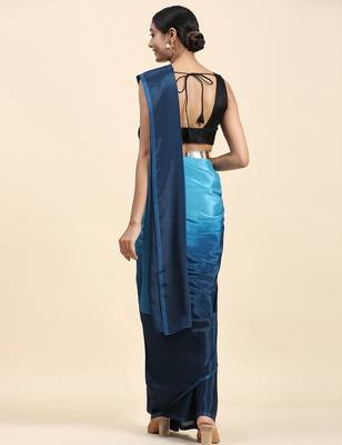 Blue plain chiffon designer saree with blouse piece 4