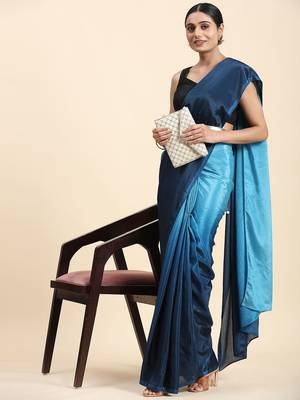 Blue plain chiffon designer saree with blouse piece 5