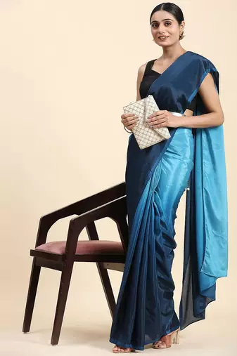Blue plain chiffon designer saree with blouse piece