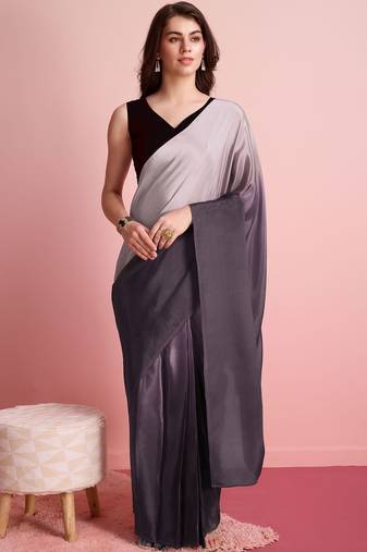 Grey plain satin designer saree with blouse piece