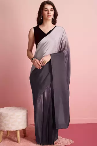Grey plain satin designer saree with blouse piece