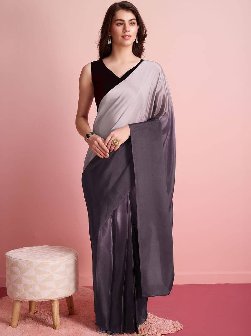 Grey plain satin designer saree with blouse piece