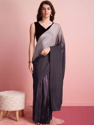 Grey plain satin designer saree with blouse piece 2